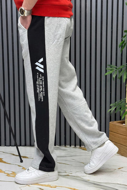 Erkek 2 İplik Şardonlu Wafra Baskılı Garnili Baggy Eşofman Altı - Gri