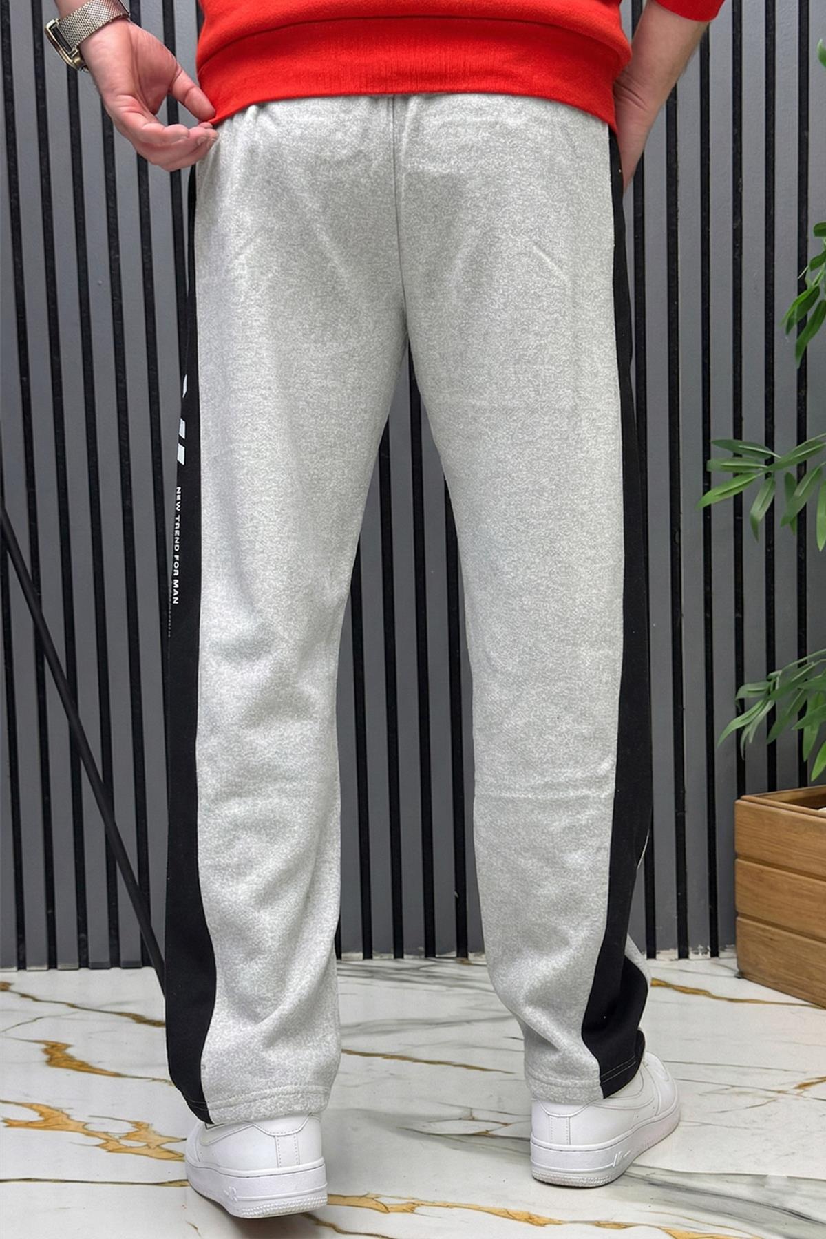 Erkek 2 İplik Şardonlu Wafra Baskılı Garnili Baggy Eşofman Altı - Gri