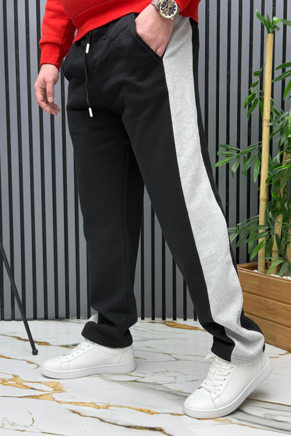 Erkek 2 İplik Şardonlu Yan Garnili Baggy Eşofman Altı - Siyah