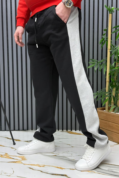 Erkek 2 İplik Şardonlu Yan Garnili Baggy Eşofman Altı - Siyah