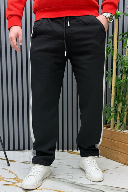 Erkek 2 İplik Şardonlu Yan Garnili Baggy Eşofman Altı - Siyah