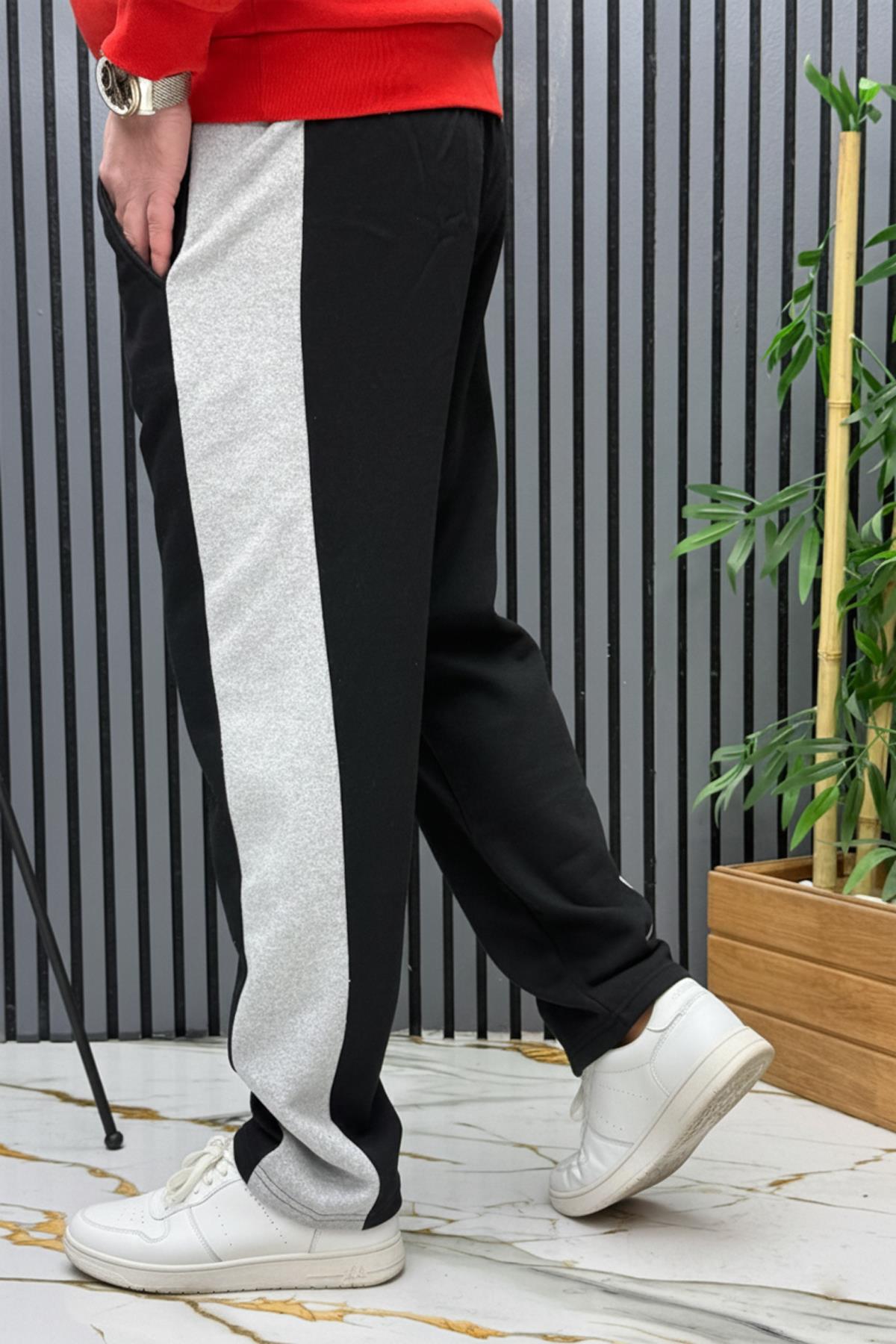 Erkek 2 İplik Şardonlu Yan Garnili Baggy Eşofman Altı - Siyah