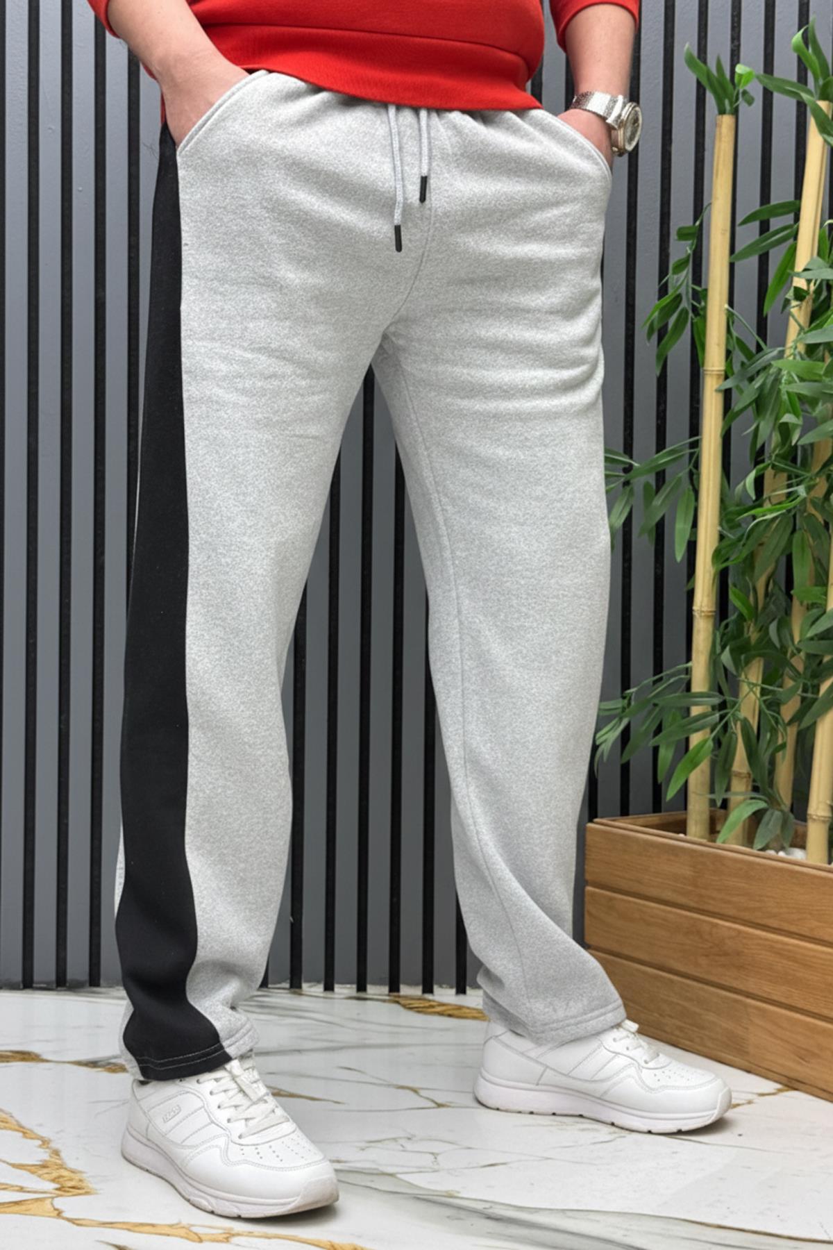 Erkek 2 İplik Şardonlu Yan Garnili Baggy Eşofman Altı - Gri