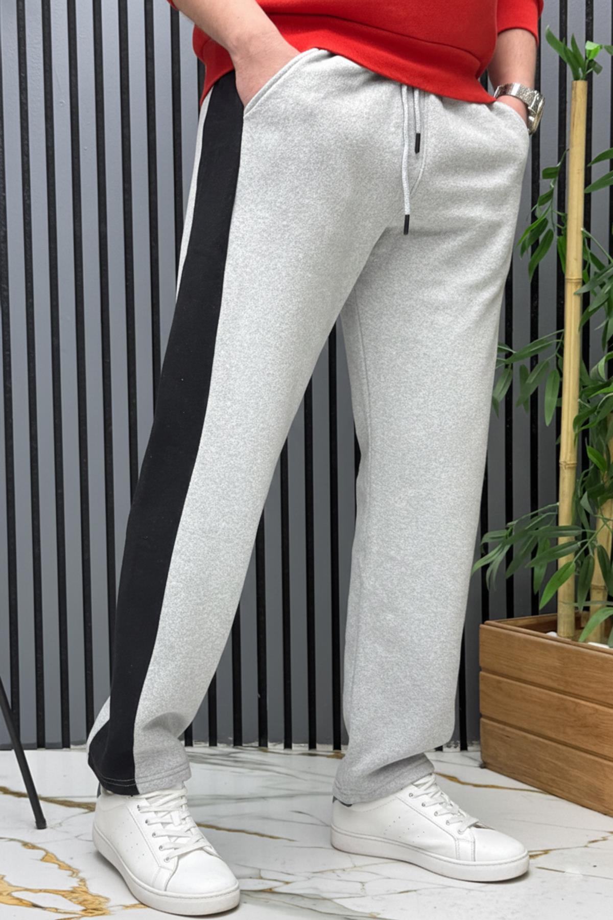 Erkek 2 İplik Şardonlu Yan Garnili Baggy Eşofman Altı - Gri