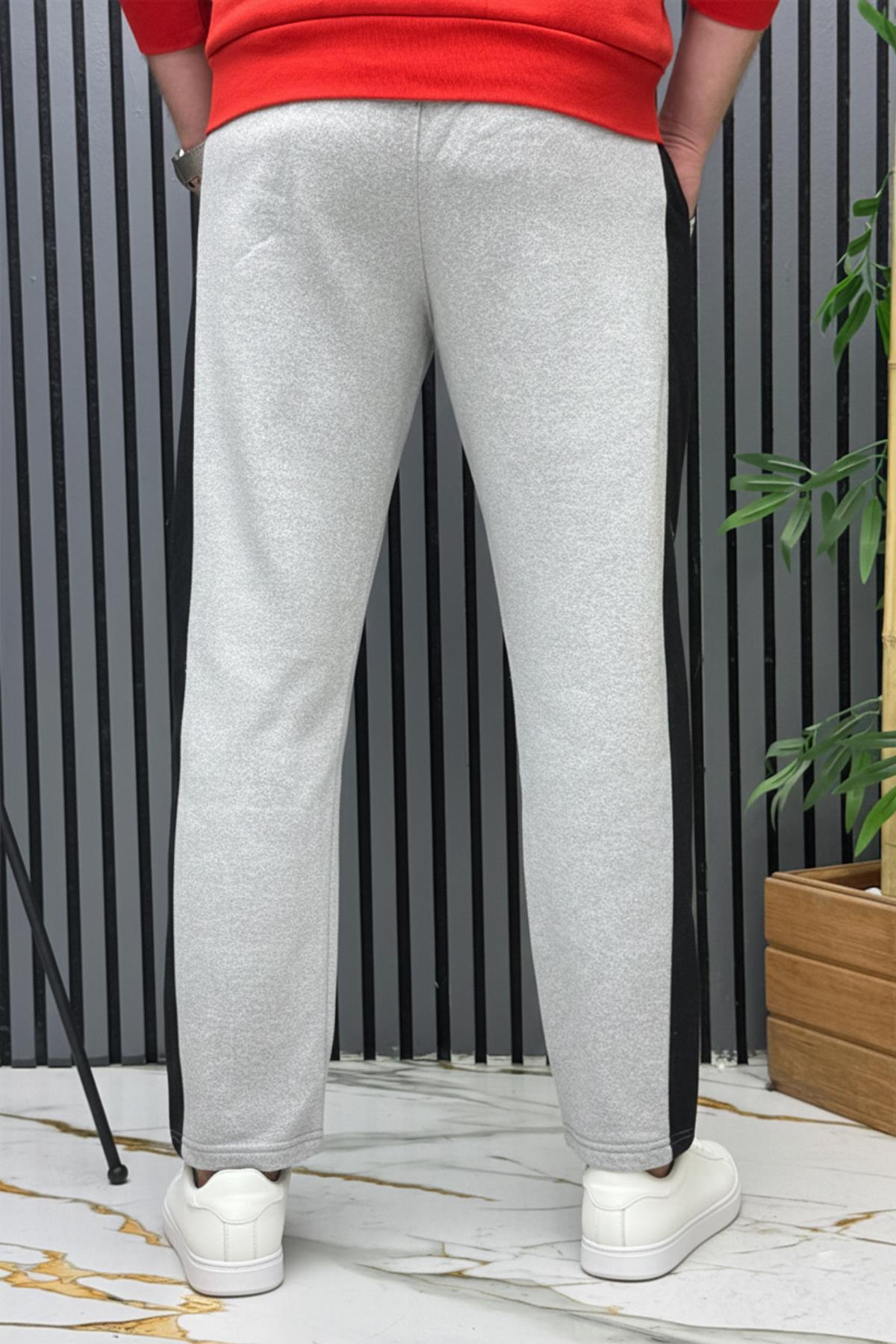 Erkek 2 İplik Şardonlu Yan Garnili Baggy Eşofman Altı - Gri