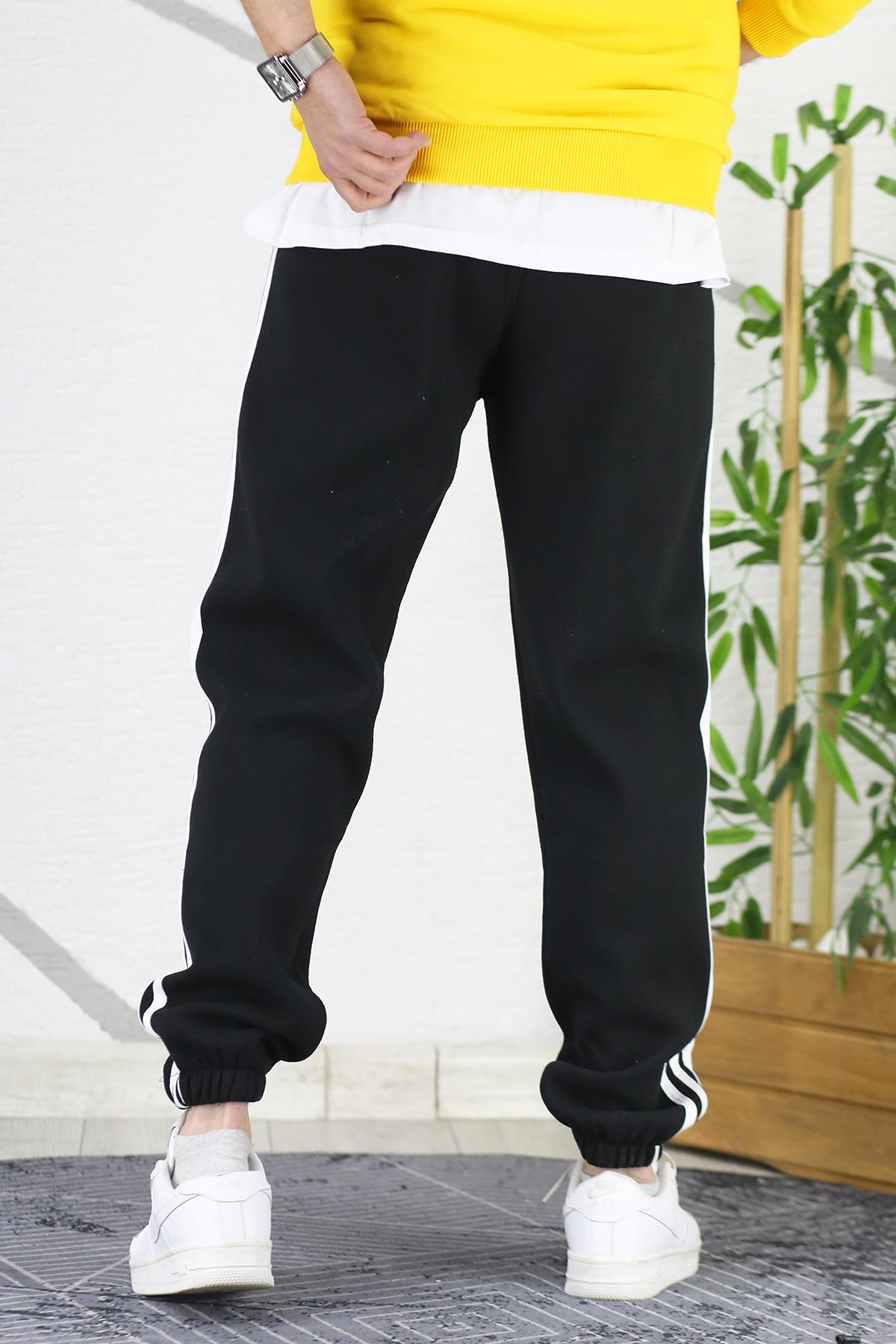 Erkek 3 İplik Eşofman Altı İçi Şardonlu Paça Lastikli Model - Siyah
