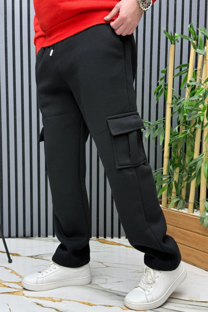 Erkek 3 İplik Şardonlu Kargo Cep Baggy Eşofman Altı - Siyah