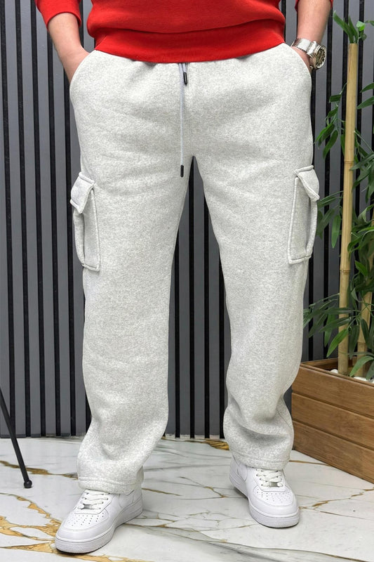 Erkek 3 İplik Şardonlu Kargo Cep Baggy Eşofman Altı - Gri