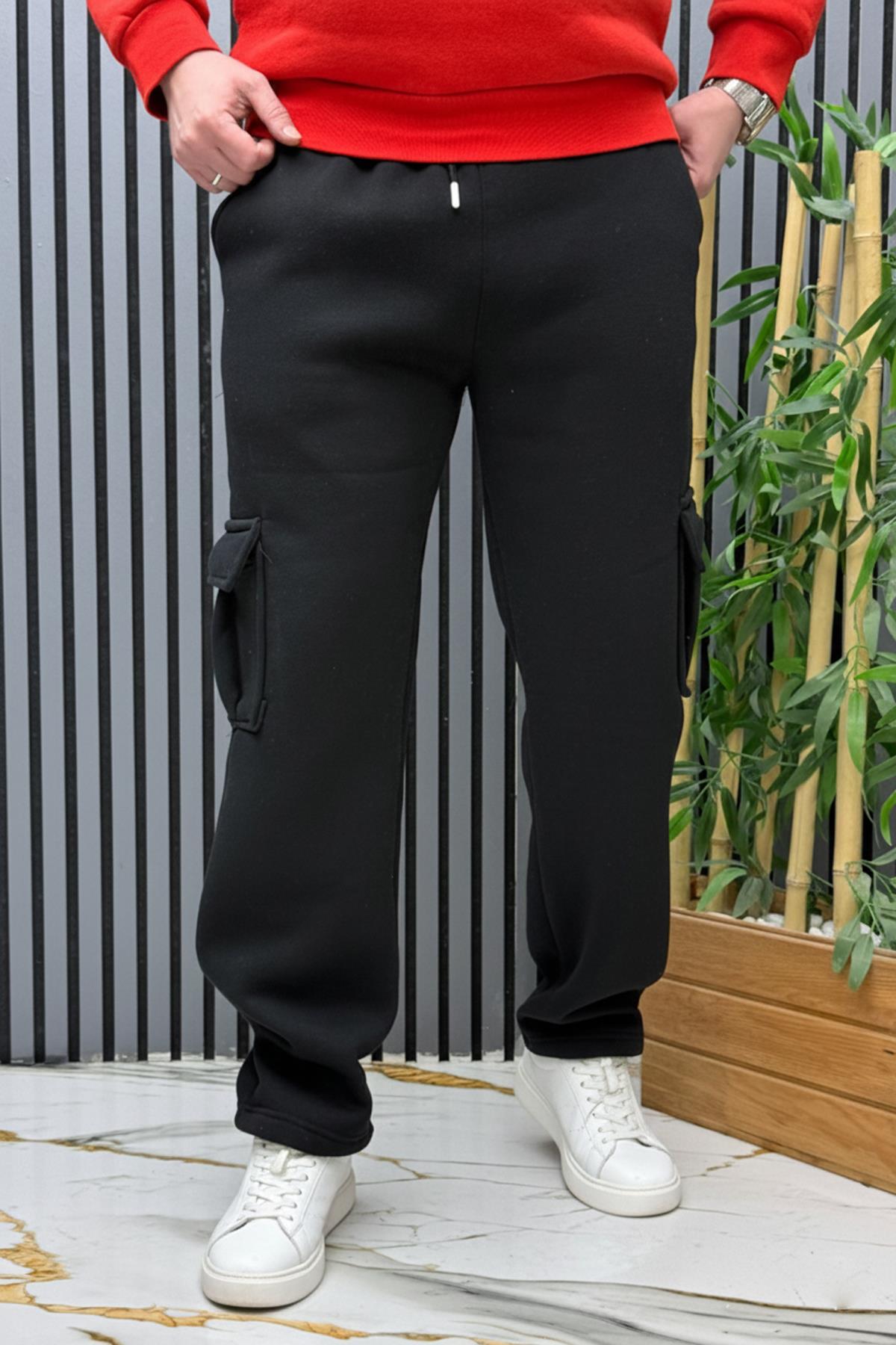 Erkek 3 İplik Şardonlu Kargo Cep Baggy Eşofman Altı - Siyah