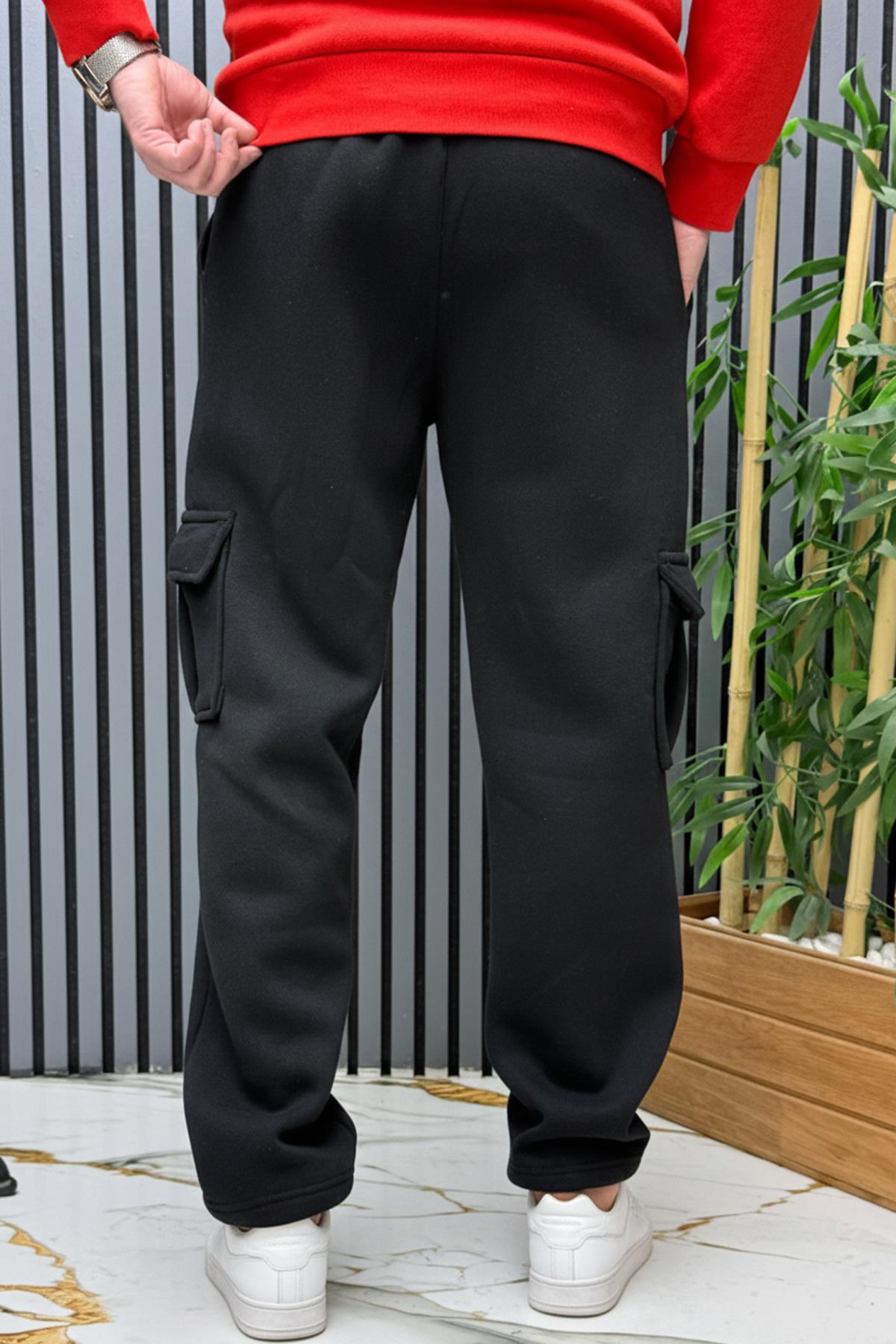 Erkek 3 İplik Şardonlu Kargo Cep Baggy Eşofman Altı - Siyah