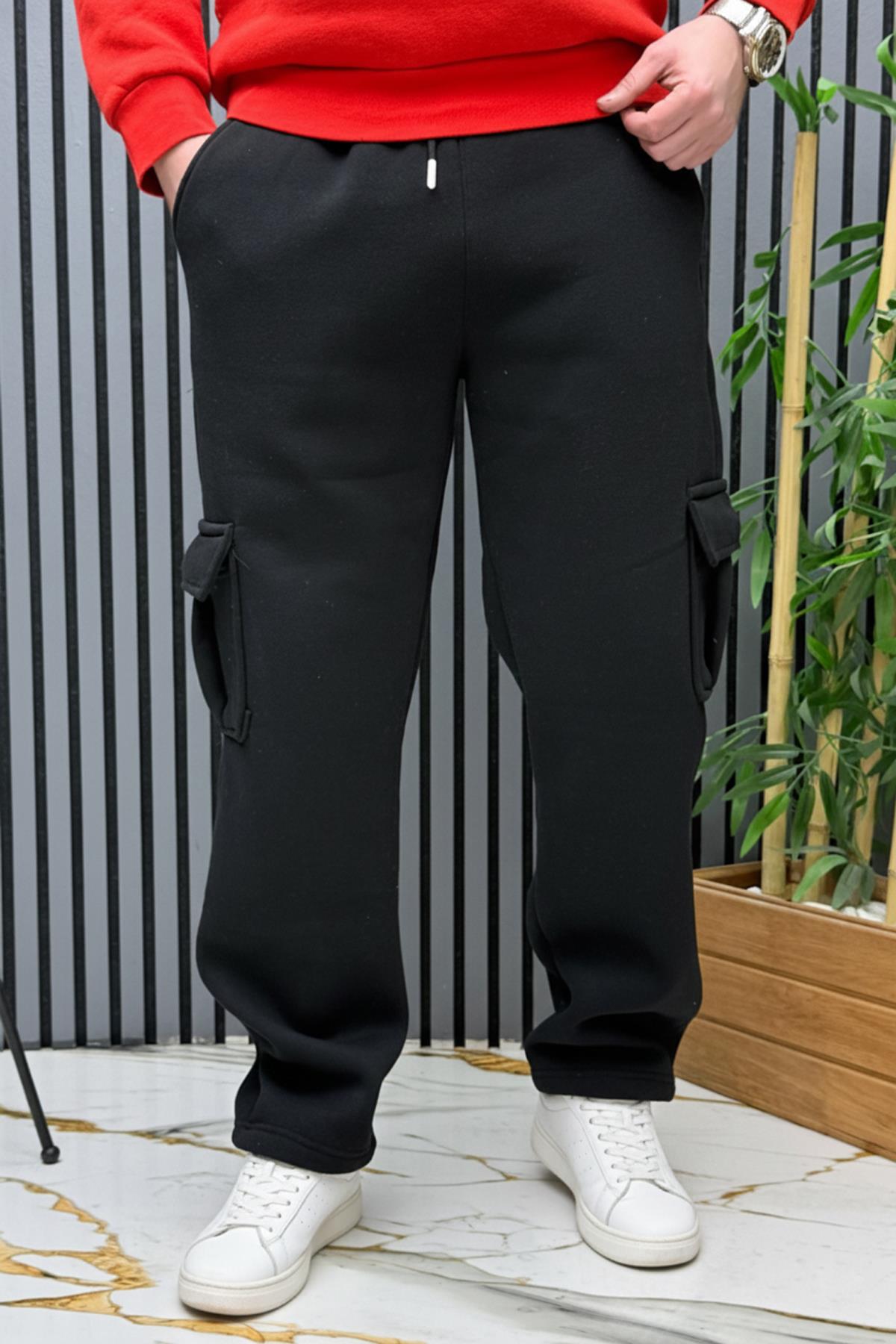 Erkek 3 İplik Şardonlu Kargo Cep Baggy Eşofman Altı - Siyah