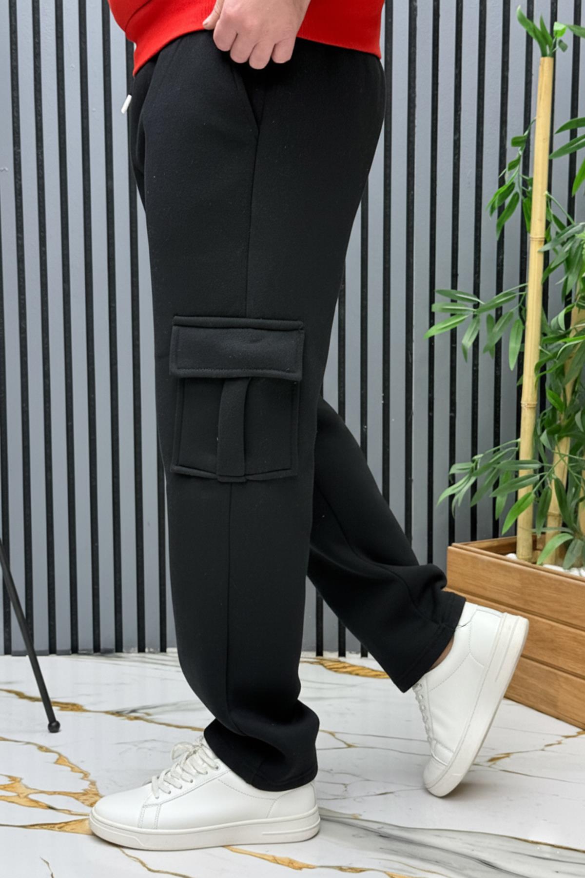 Erkek 3 İplik Şardonlu Kargo Cep Baggy Eşofman Altı - Siyah