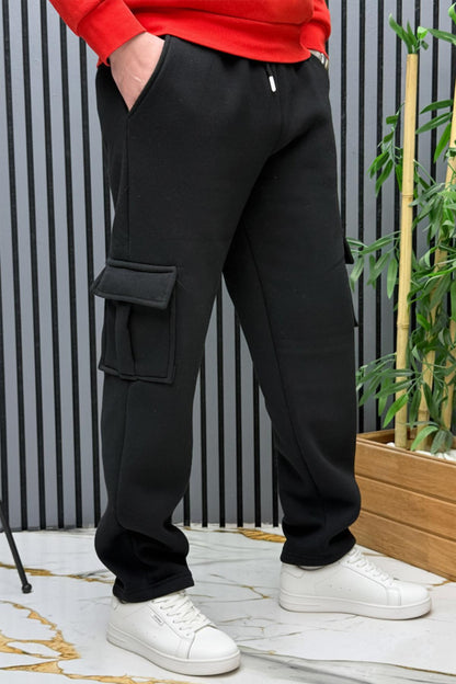 Erkek 3 İplik Şardonlu Kargo Cep Baggy Eşofman Altı - Siyah