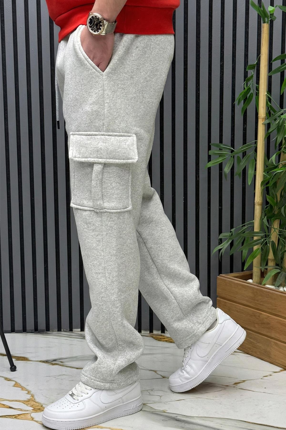 Erkek 3 İplik Şardonlu Kargo Cep Baggy Eşofman Altı - Gri