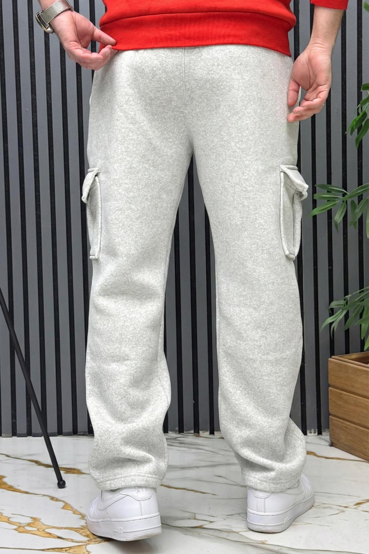 Erkek 3 İplik Şardonlu Kargo Cep Baggy Eşofman Altı - Gri