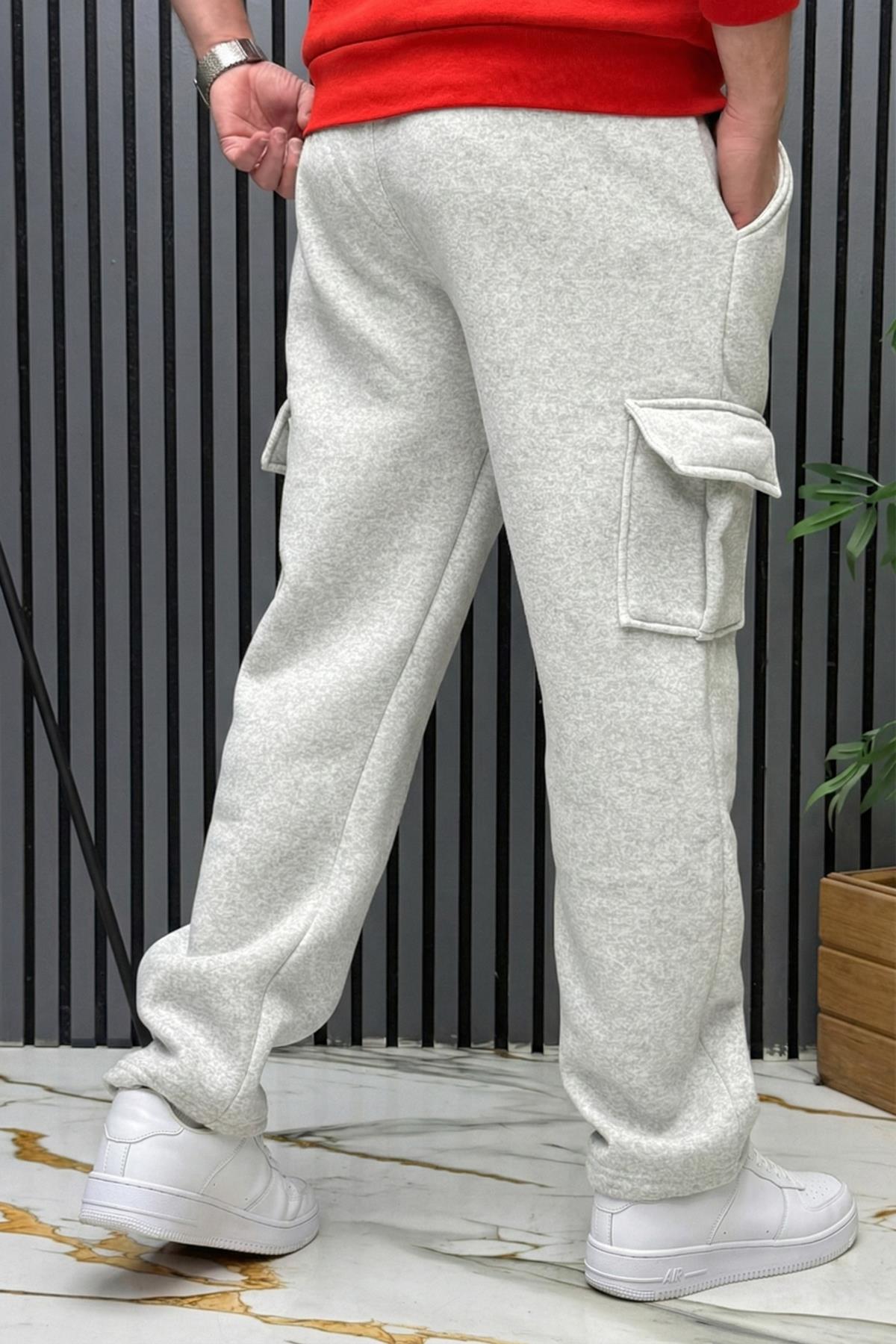 Erkek 3 İplik Şardonlu Kargo Cep Baggy Eşofman Altı - Gri