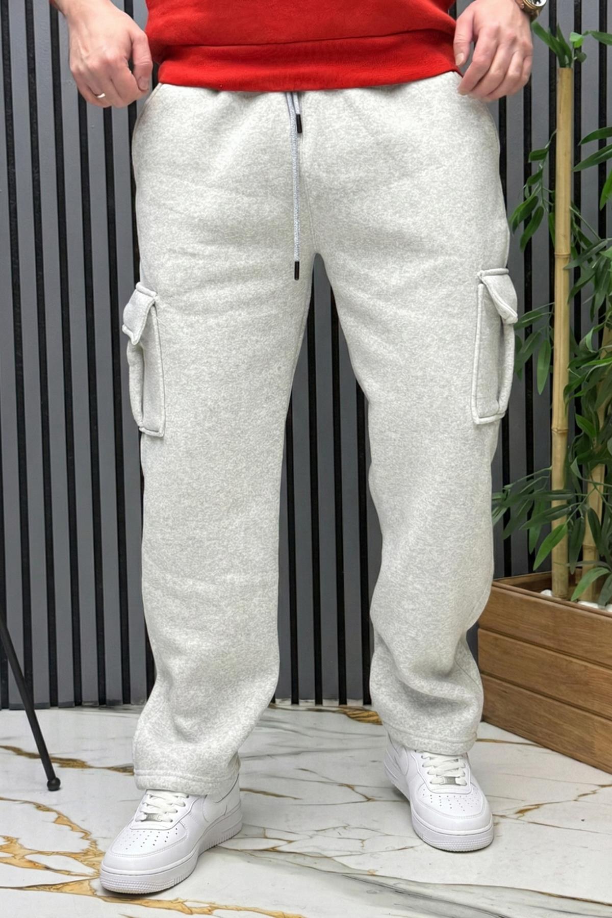 Erkek 3 İplik Şardonlu Kargo Cep Baggy Eşofman Altı - Gri