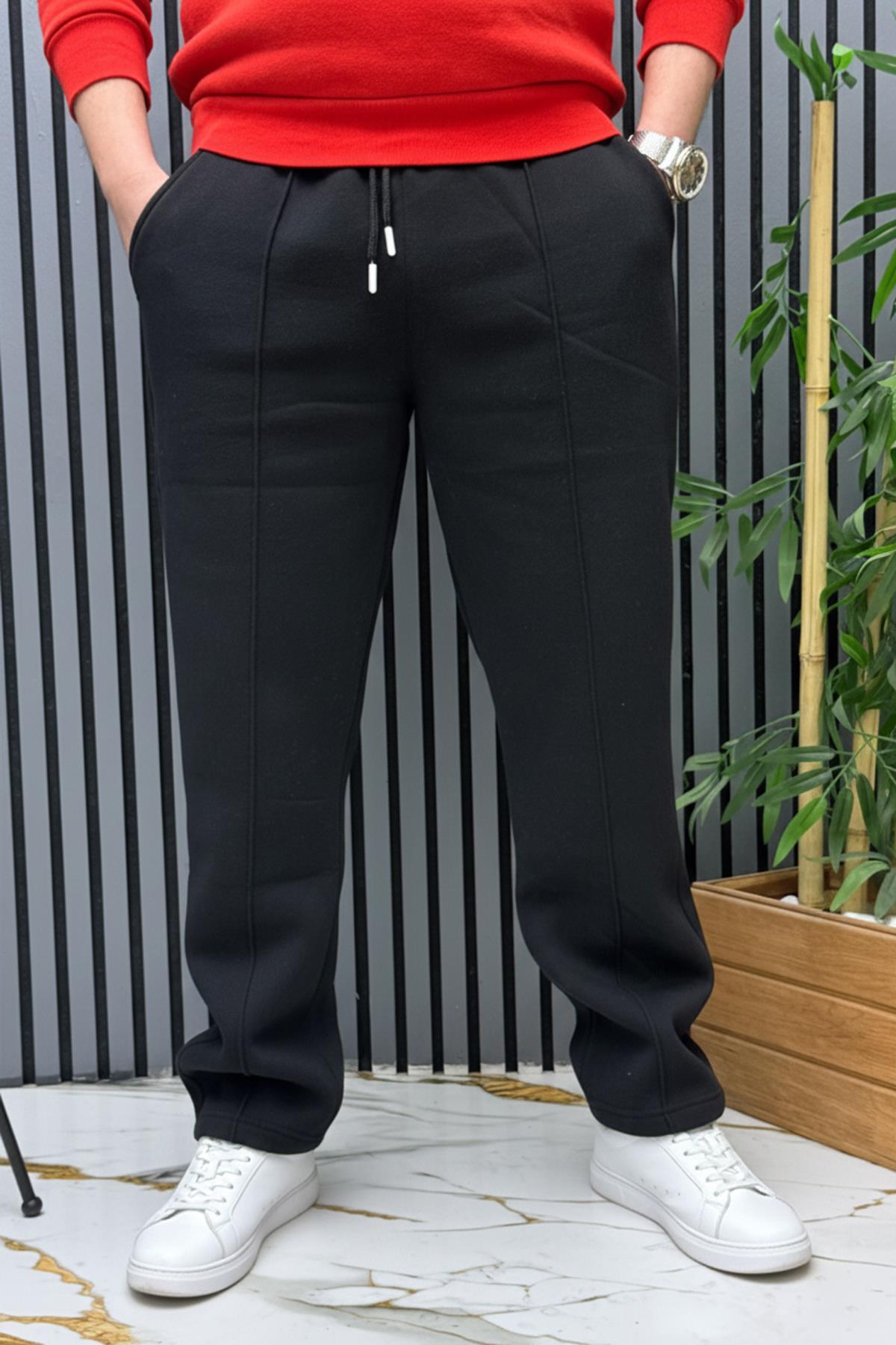 Erkek 3 İplik Şardonlu Ön Çimalı Baggy Eşofman Altı - Siyah