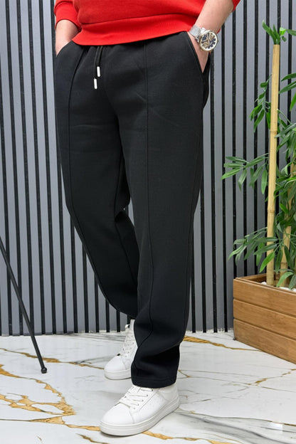 Erkek 3 İplik Şardonlu Ön Çimalı Baggy Eşofman Altı - Siyah