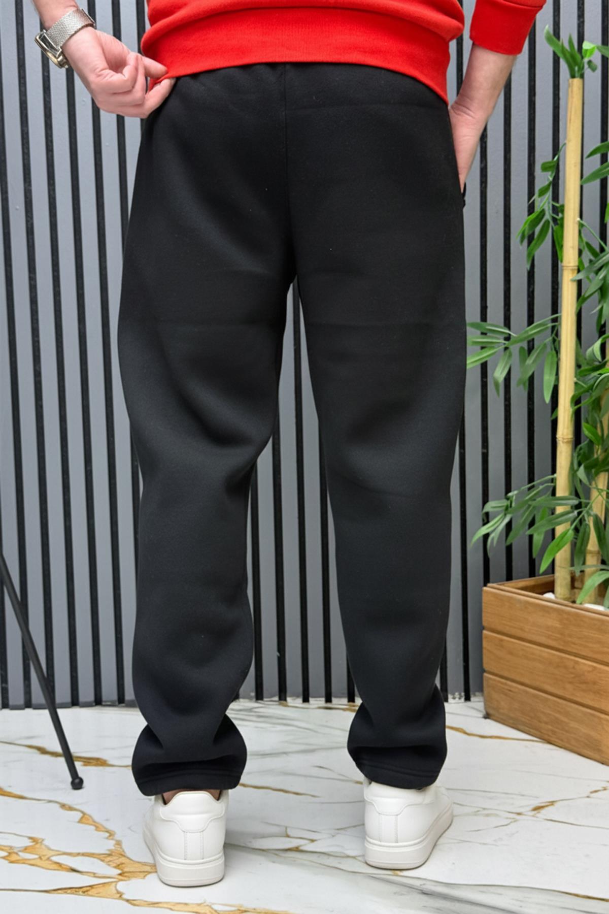 Erkek 3 İplik Şardonlu Ön Çimalı Baggy Eşofman Altı - Siyah