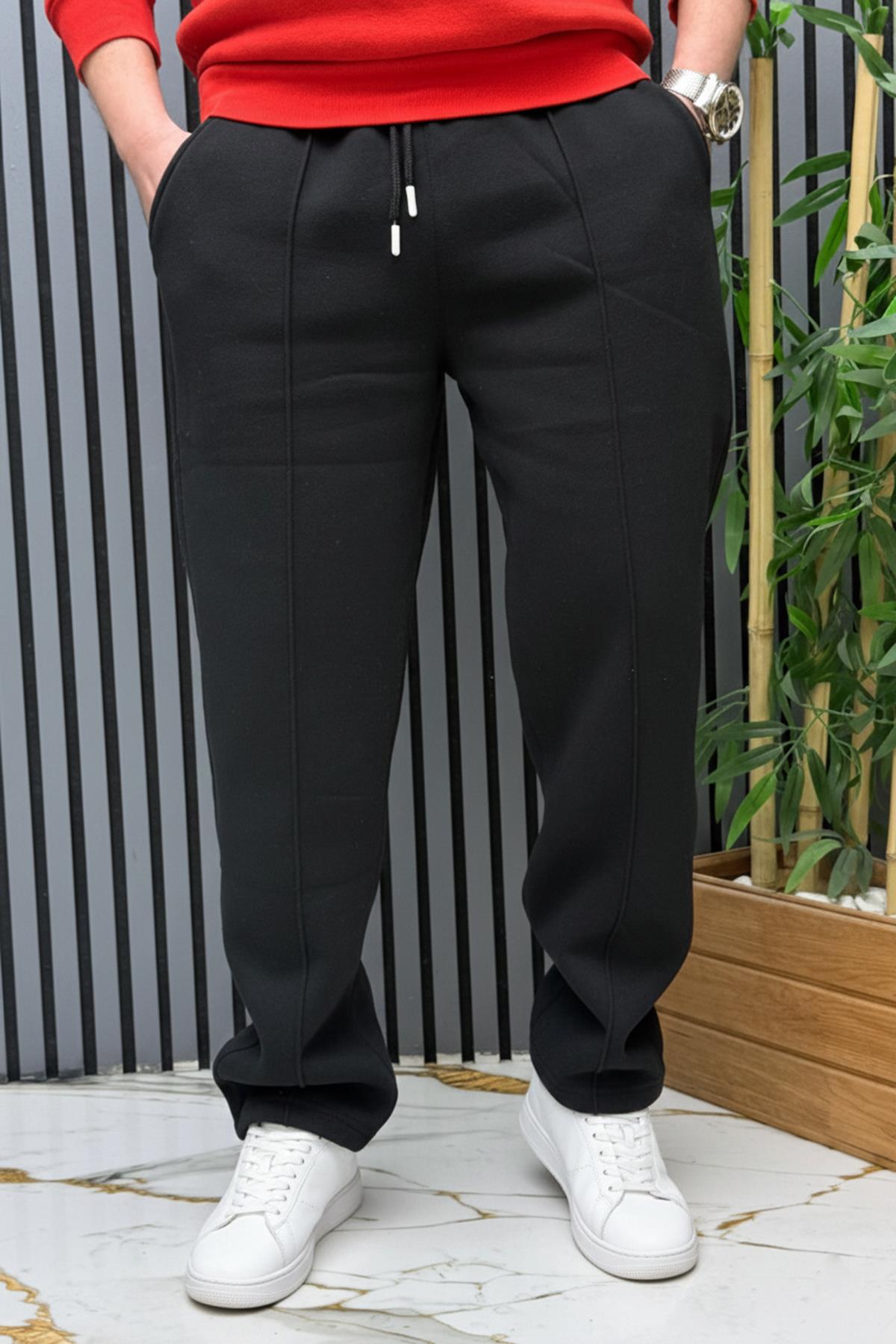 Erkek 3 İplik Şardonlu Ön Çimalı Baggy Eşofman Altı - Siyah