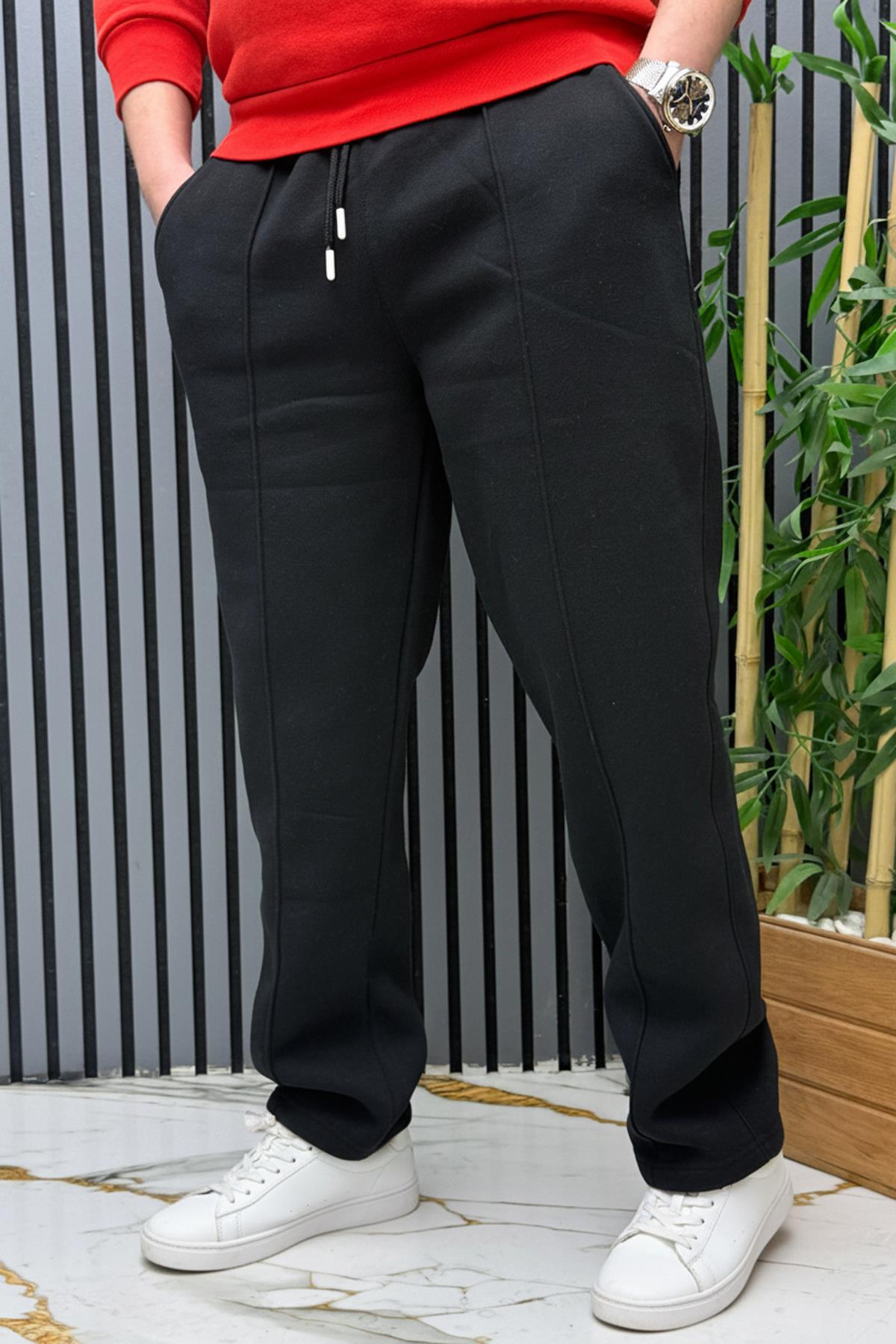 Erkek 3 İplik Şardonlu Ön Çimalı Baggy Eşofman Altı - Siyah