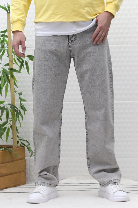 Erkek Baggy Bol Kesim Kot Pantolon - Açık Gri