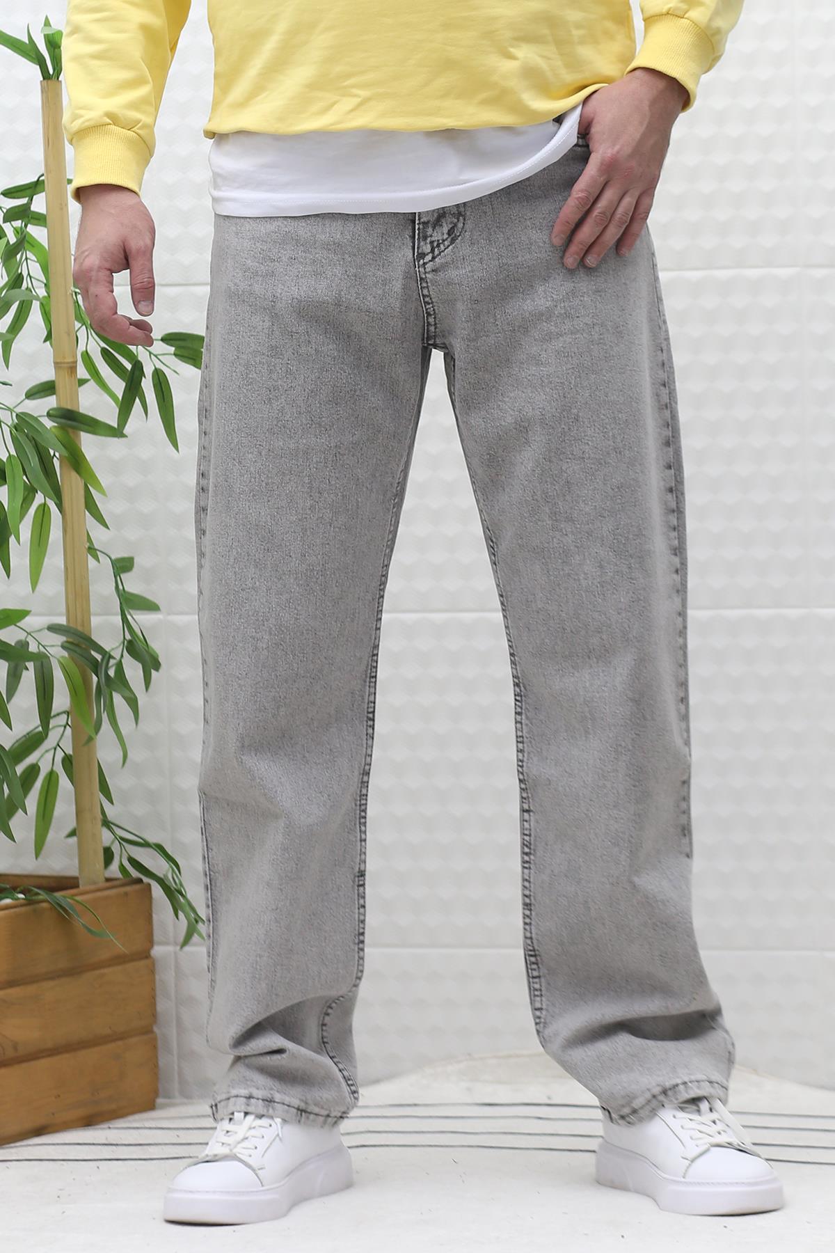 Erkek Baggy Bol Kesim Kot Pantolon - Açık Gri