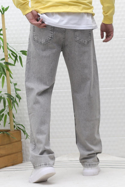 Erkek Baggy Bol Kesim Kot Pantolon - Açık Gri