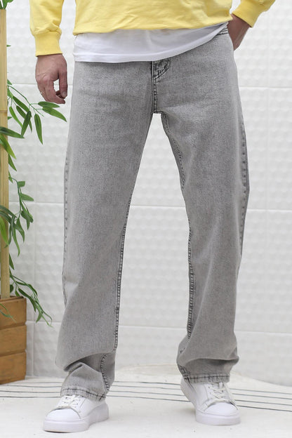 Erkek Baggy Bol Kesim Kot Pantolon - Açık Gri