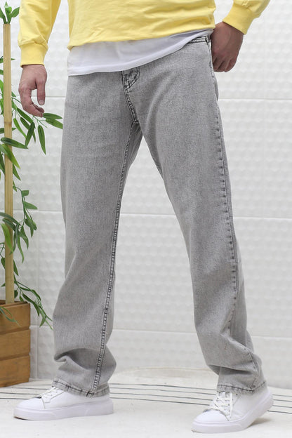 Erkek Baggy Bol Kesim Kot Pantolon - Açık Gri