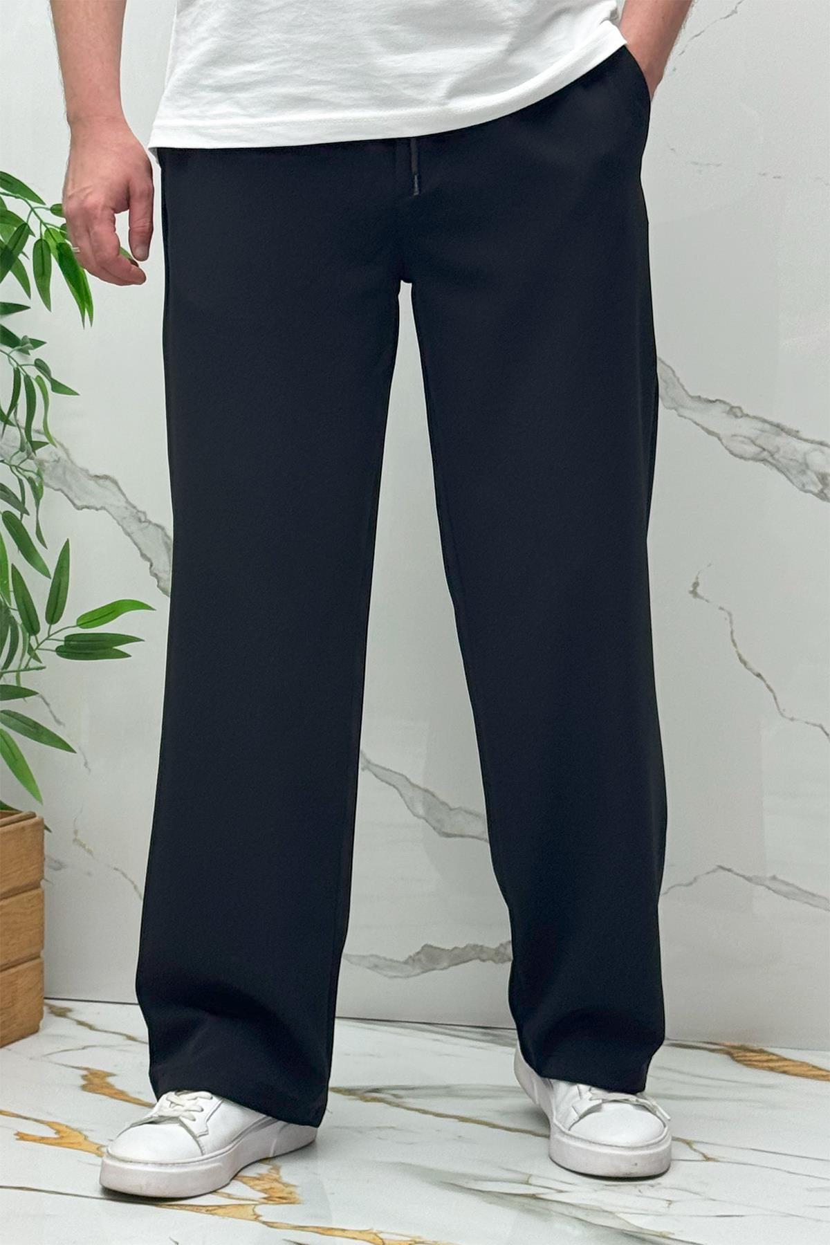 Erkek Baggy Geniş Kesim Pantolon Double Kumaş Yazlık - Siyah