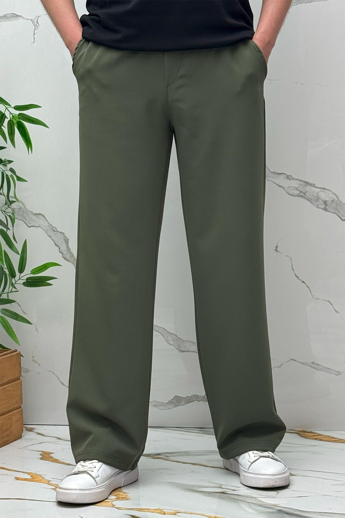 Erkek Baggy Geniş Kesim Pantolon Double Kumaş Yazlık - Haki Yeşil