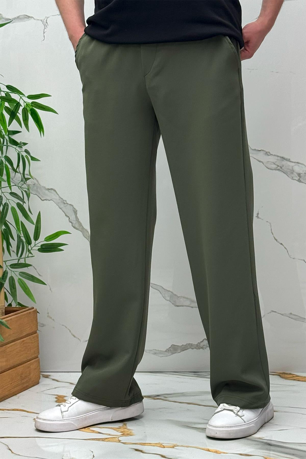 Erkek Baggy Geniş Kesim Pantolon Double Kumaş Yazlık - Haki Yeşil