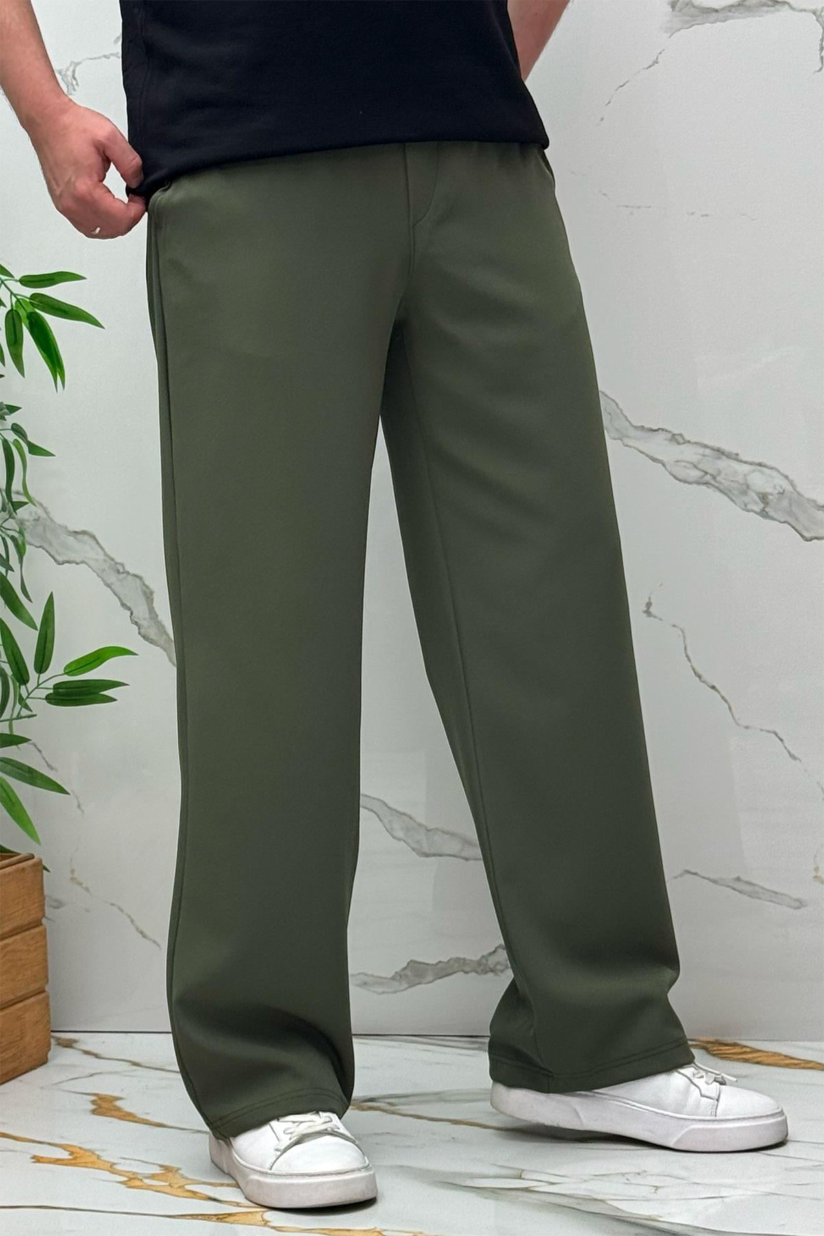 Erkek Baggy Geniş Kesim Pantolon Double Kumaş Yazlık - Haki Yeşil