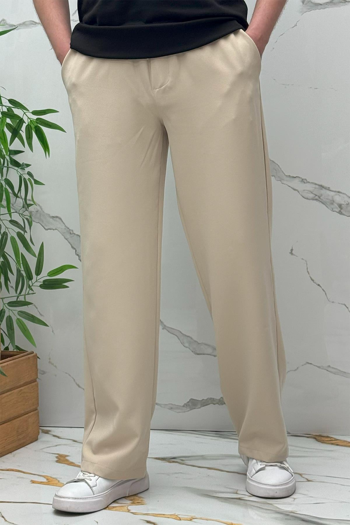 Erkek Baggy Geniş Kesim Pantolon Double Kumaş Yazlık - Bej