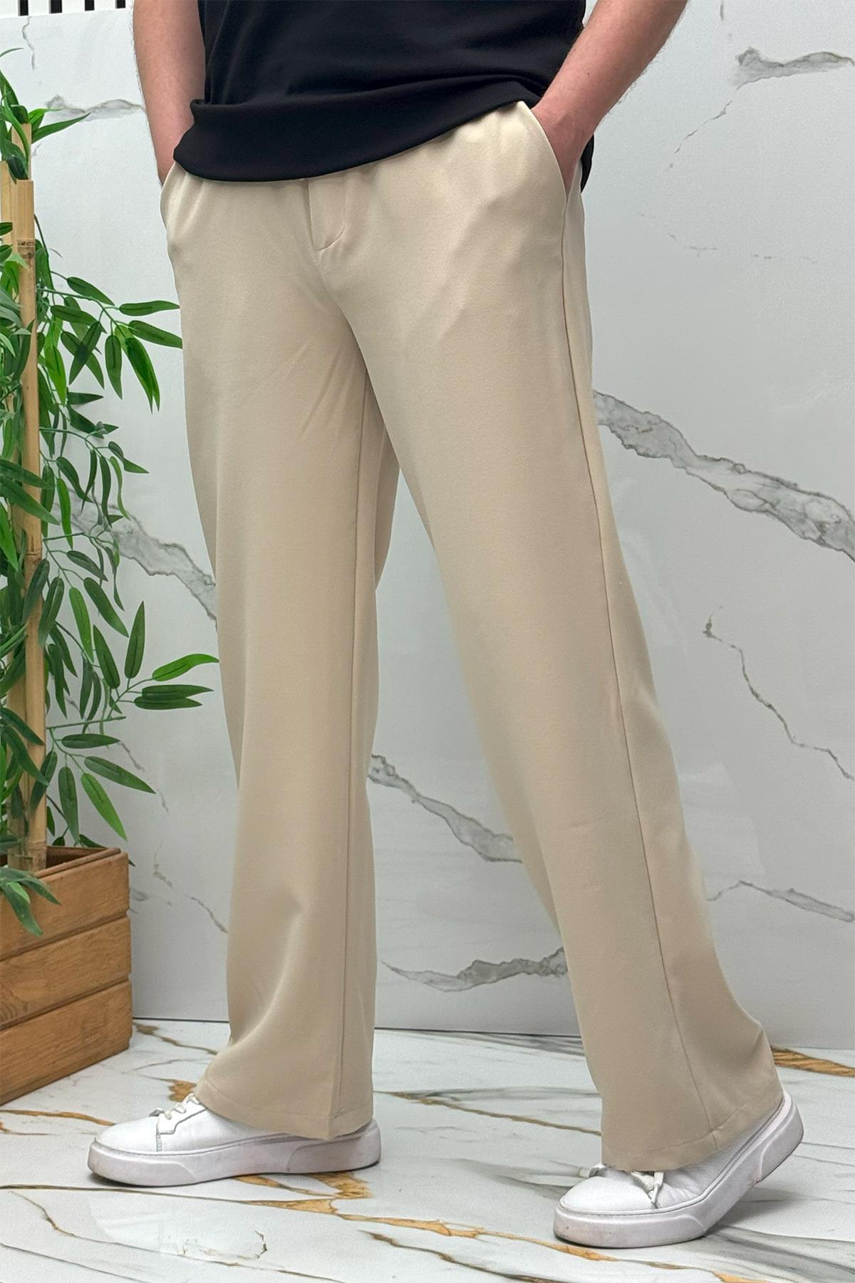 Erkek Baggy Geniş Kesim Pantolon Double Kumaş Yazlık - Bej