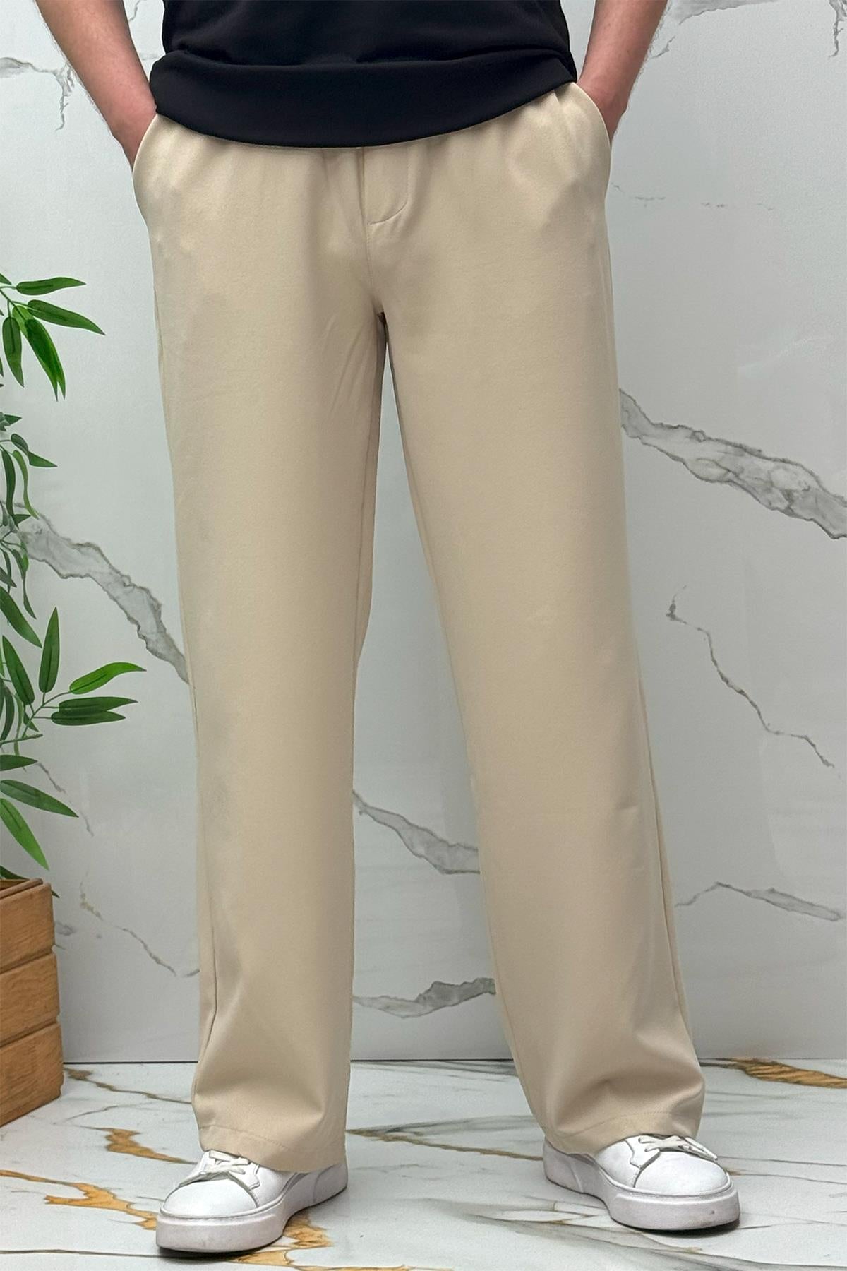 Erkek Baggy Geniş Kesim Pantolon Double Kumaş Yazlık - Bej