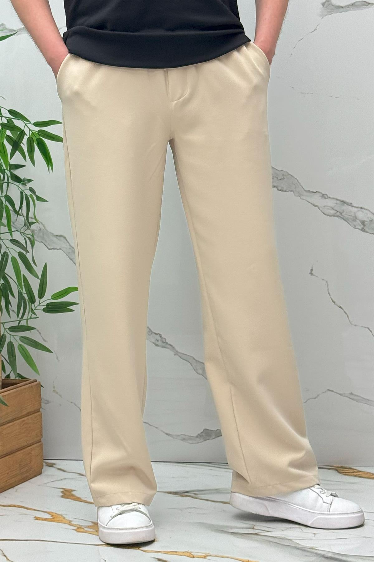 Erkek Baggy Geniş Kesim Pantolon Double Kumaş Yazlık - Bej