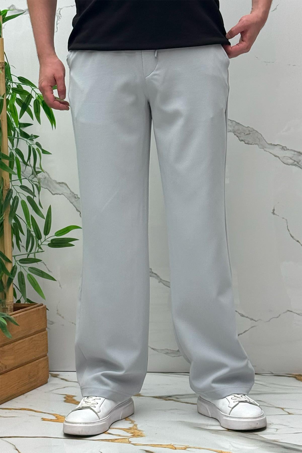 Erkek Baggy Geniş Kesim Pantolon Double Kumaş Yazlık - Açık Gri