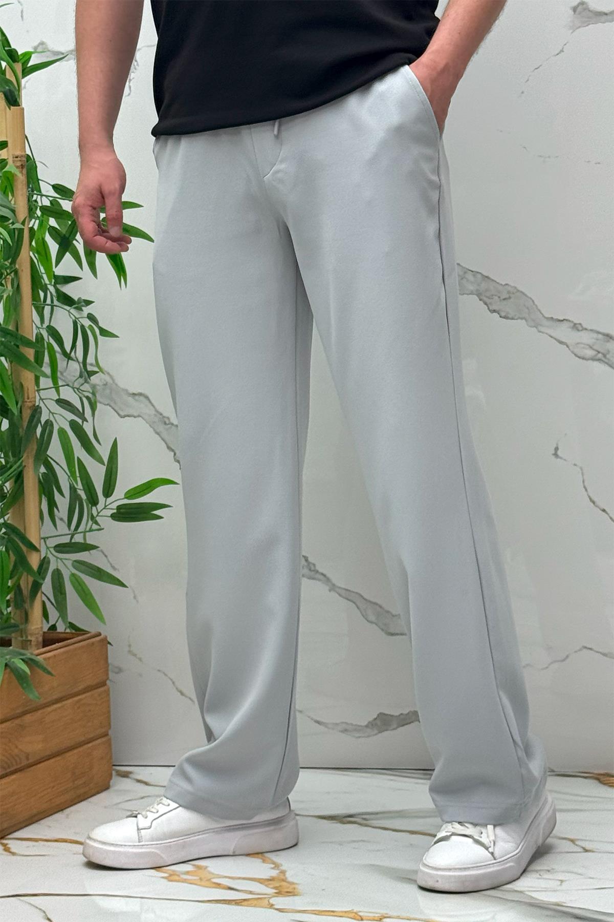 Erkek Baggy Geniş Kesim Pantolon Double Kumaş Yazlık - Açık Gri
