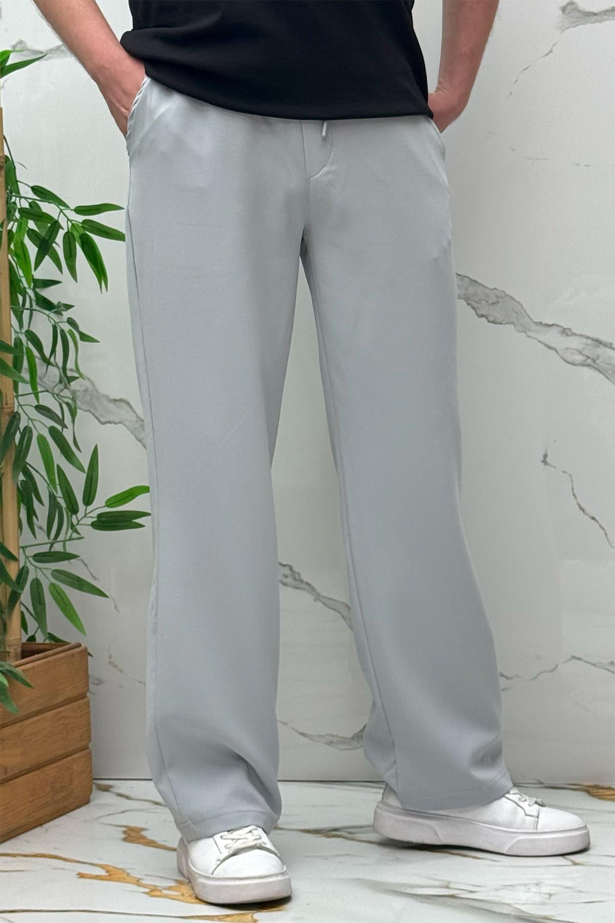 Erkek Baggy Geniş Kesim Pantolon Double Kumaş Yazlık - Açık Gri