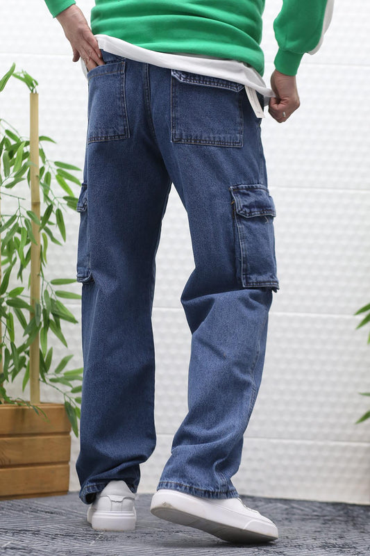 Erkek Baggy Kot Pantolon Kargo Cepli - Mavi