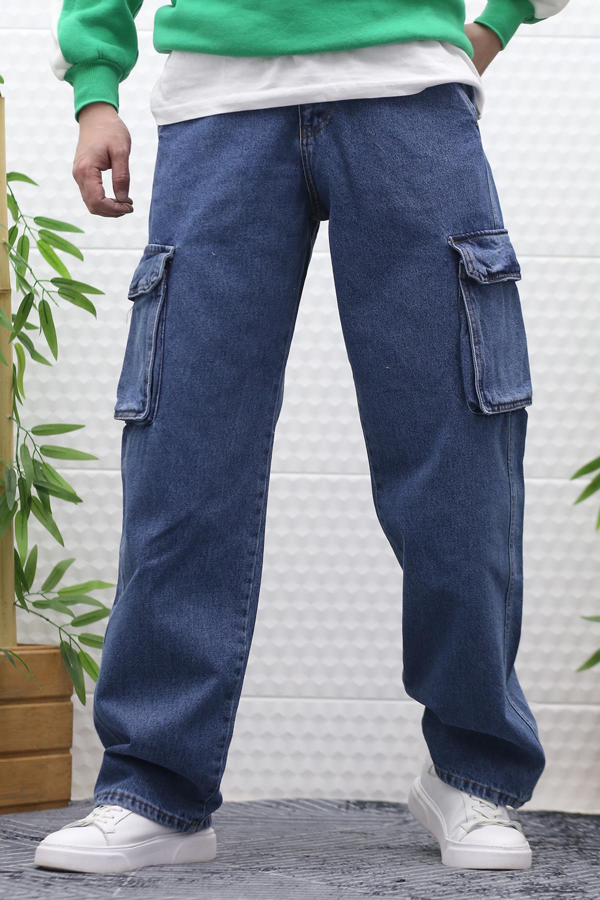 Erkek Baggy Kot Pantolon Kargo Cepli - Mavi