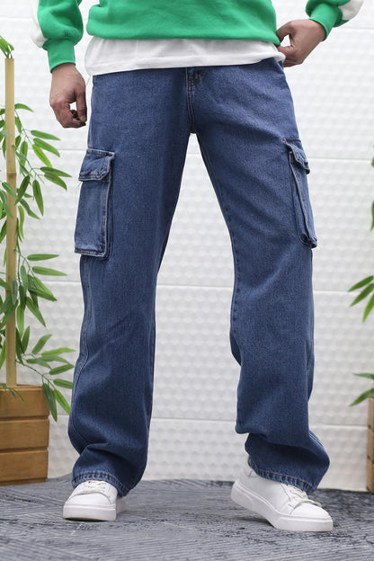 Erkek Baggy Kot Pantolon Kargo Cepli - Mavi