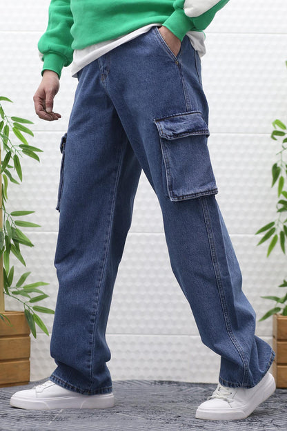 Erkek Baggy Kot Pantolon Kargo Cepli - Mavi