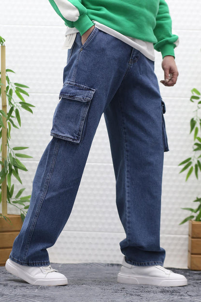 Erkek Baggy Kot Pantolon Kargo Cepli - Mavi