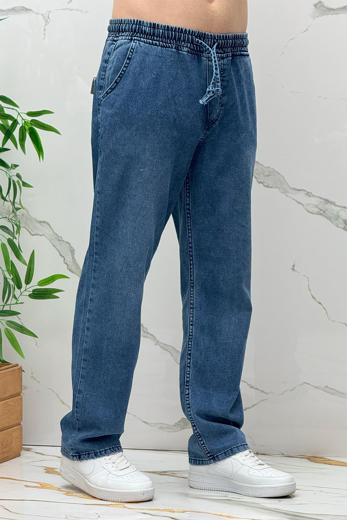 Erkek Baggy Kot Pantolon Rahat Kesim Tiril Tiril İnce Kumaş - Koyu Mavi