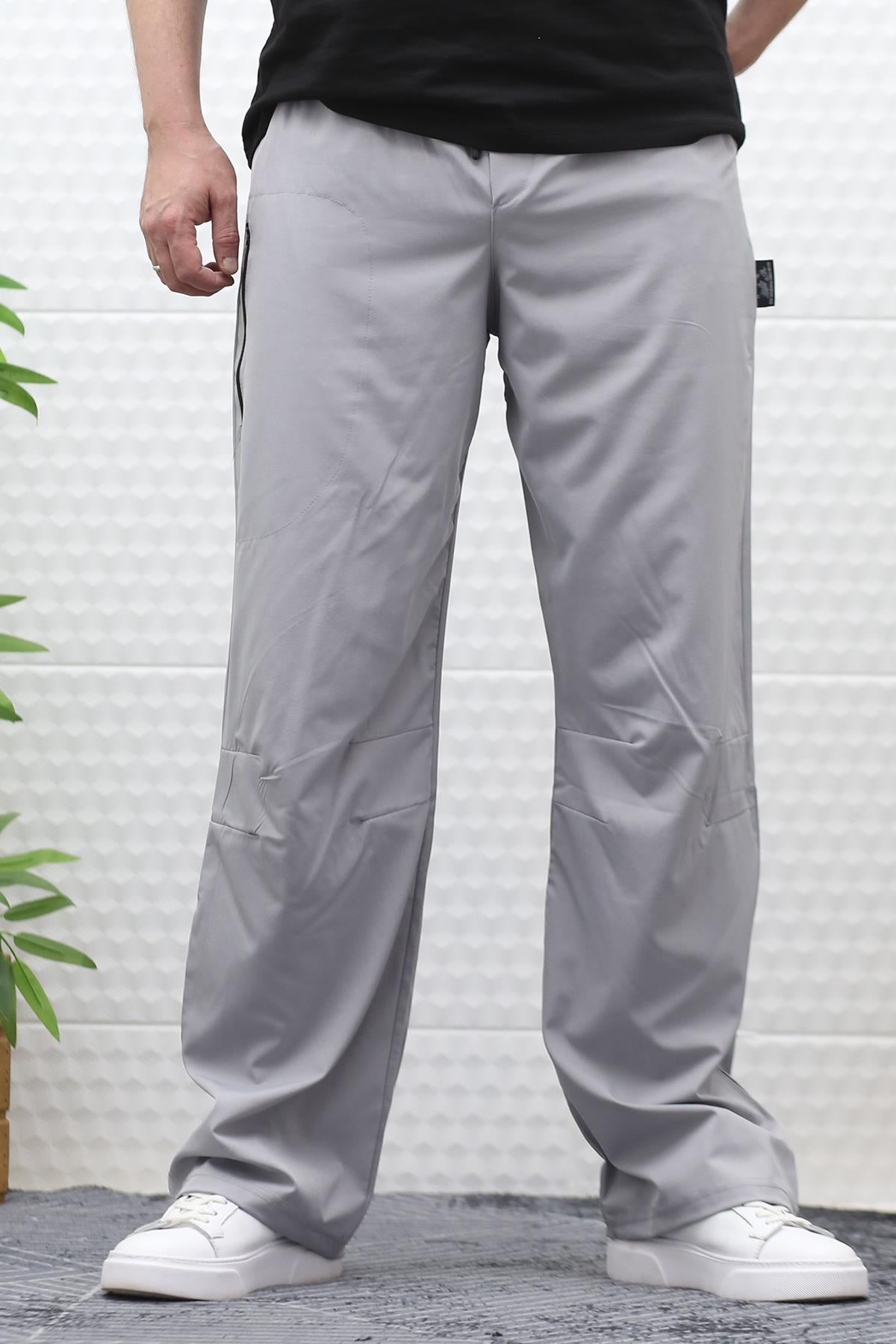 Erkek Baggy Pantolon Diz Detaylı Paraşüt Kumaş - Gri