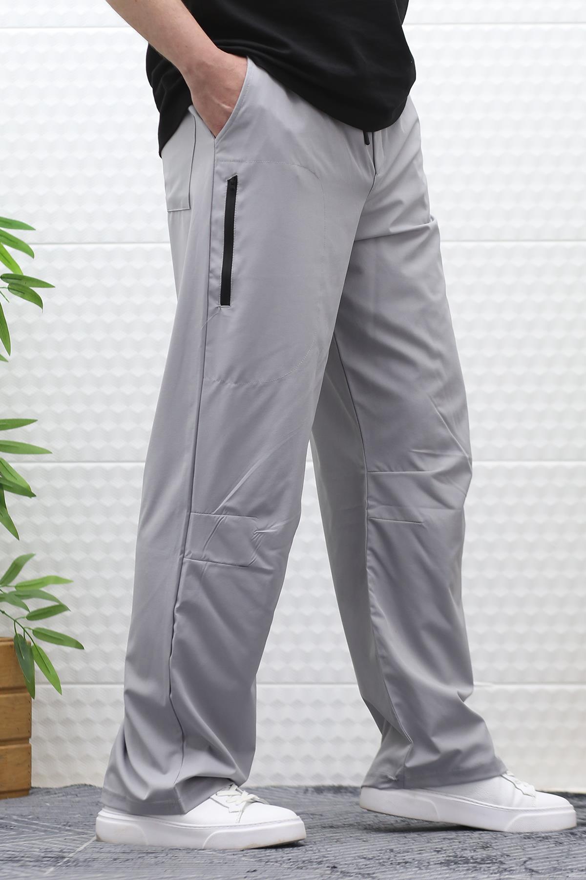 Erkek Baggy Pantolon Diz Detaylı Paraşüt Kumaş - Gri